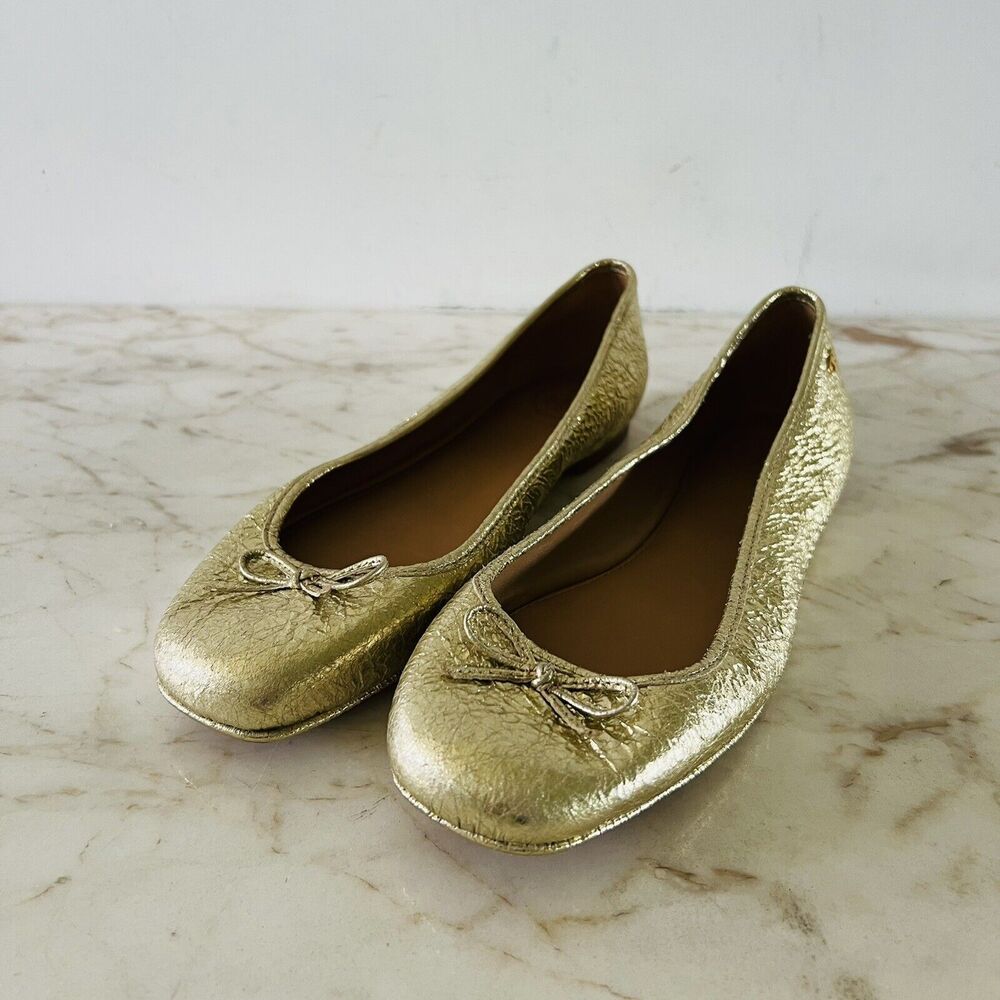 TORY BURCH Laila Metallic Gold Leather Driver Ballerina Flats Bow Accent - US 7